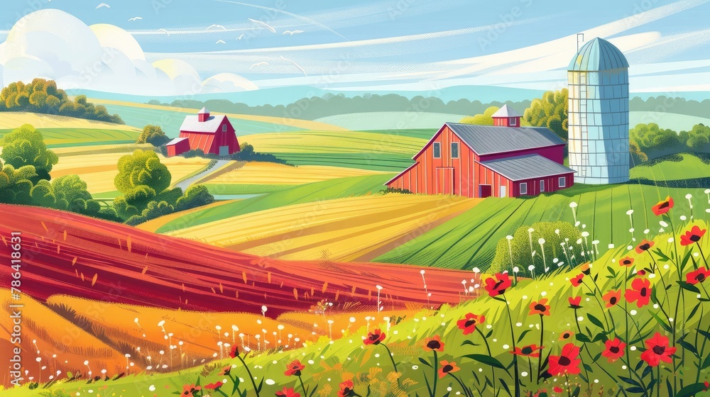 custom made wallpaper toronto digital
Serene rural farm landscape with hills Colorful fields, red barns and raster illustrations