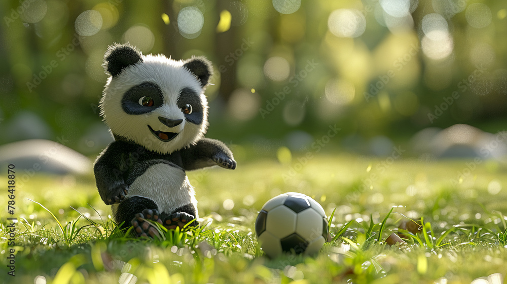 A joyful soccer-playing Panda in a cartoon style with soft sculpture design A joyful soccer-playing Panda in a cartoon style with soft sculpture design