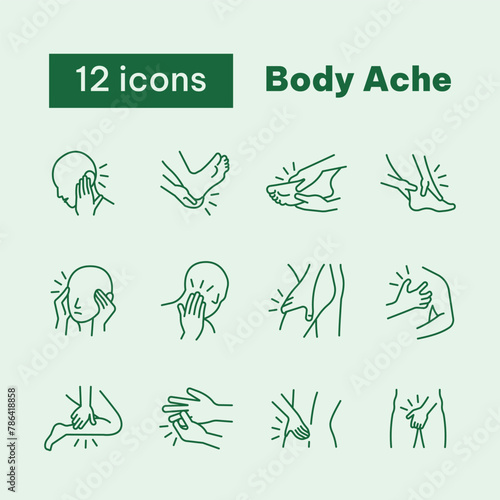 Icon set representing body pain. Outline icon style