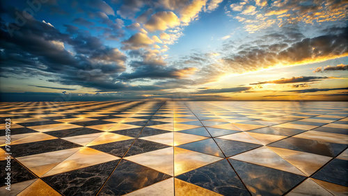 A vast checkered floor stretches towards the horizon under a dramatic sky lit by the setting sun. Reflections of the sky are visible on the glossy surface of the tiles.AI generated.