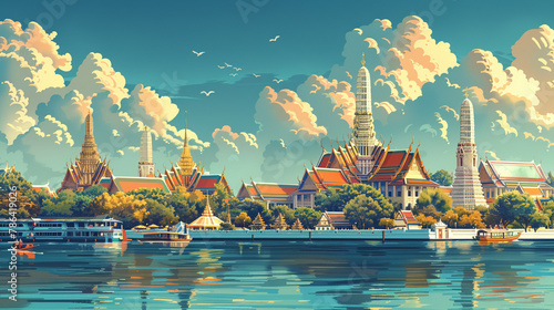 A lively illustration of Bangkok Temple in Thailand  cityscape © MIA Studio