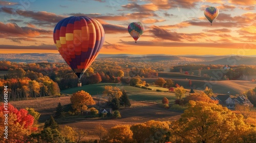 Hot air balloons floating above a landscape painted with fall colors