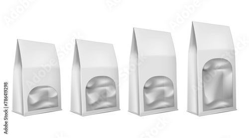 Flat bottom paper bag with clear plastic window isolated on white background. Vector mock-up set. Carton package realistic mockup kit. Template for design