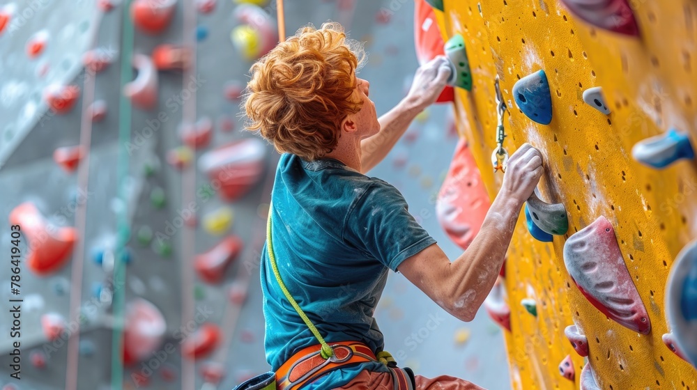 A climber is scaling an indoor rock wall