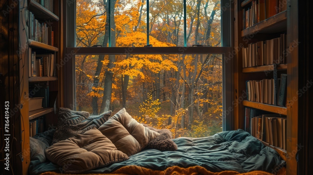 Cozy reading nook by a window with a view of a forest in autumn - obrazy, fototapety, plakaty 