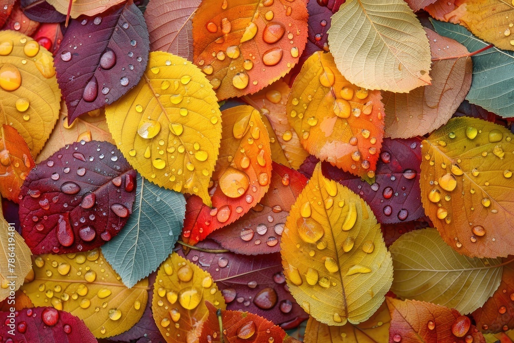 Close-up of raindrops on colorful autumn leaves