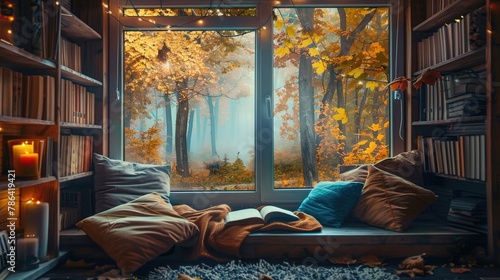 Cozy reading nook by a window with a view of a forest in autumn © 220 AI Studio