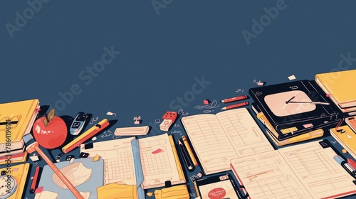 A nostalgic classroom setup on a green chalkboard background, featuring colorful pencils, textbooks, an apple, magnifying glass, and an alarm clock--sref