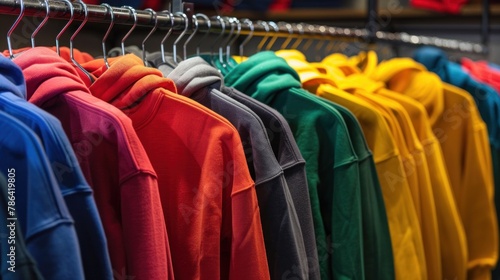A retail store showcasing vibrant hoodies and sweatshirts, ready for purchase.