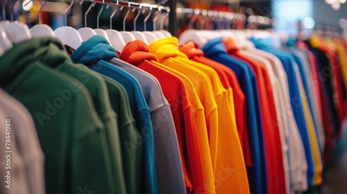 Retail store filled with vibrant hoodies and sweatshirts, neatly arranged on hangers, ready for purchase. photo