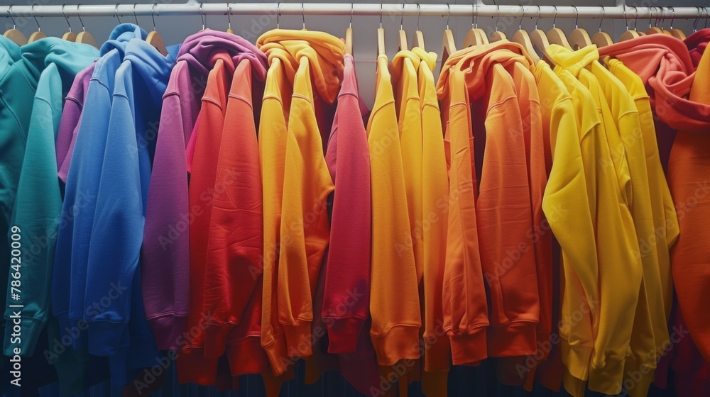 Clothing store. Colorful hoodies and sweatshirts on hangers.