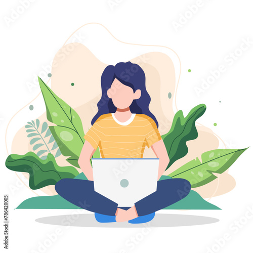 Women working with laptop around with leaf and nature. 