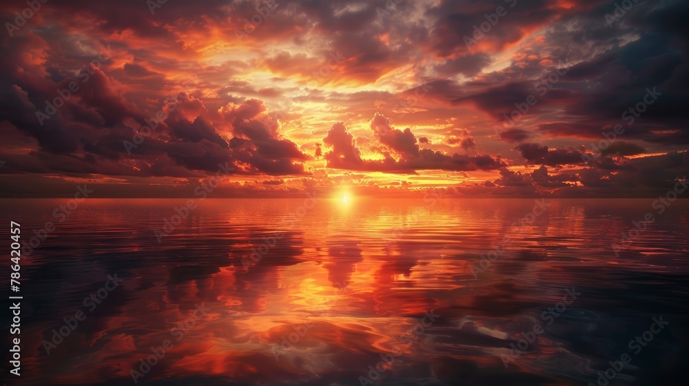 Dramatic sunset with dark orange clouds reflected in water.