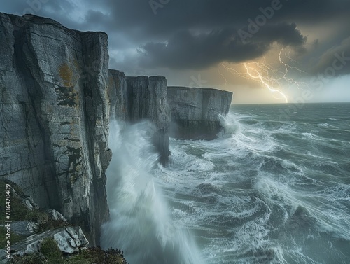A dramatic thunderstorm brewing over a coastal landscape, with waves crashing against rocky cliffs untamed power of nature Dynamic lighting reveals the raw beauty of the storm, creating a sense