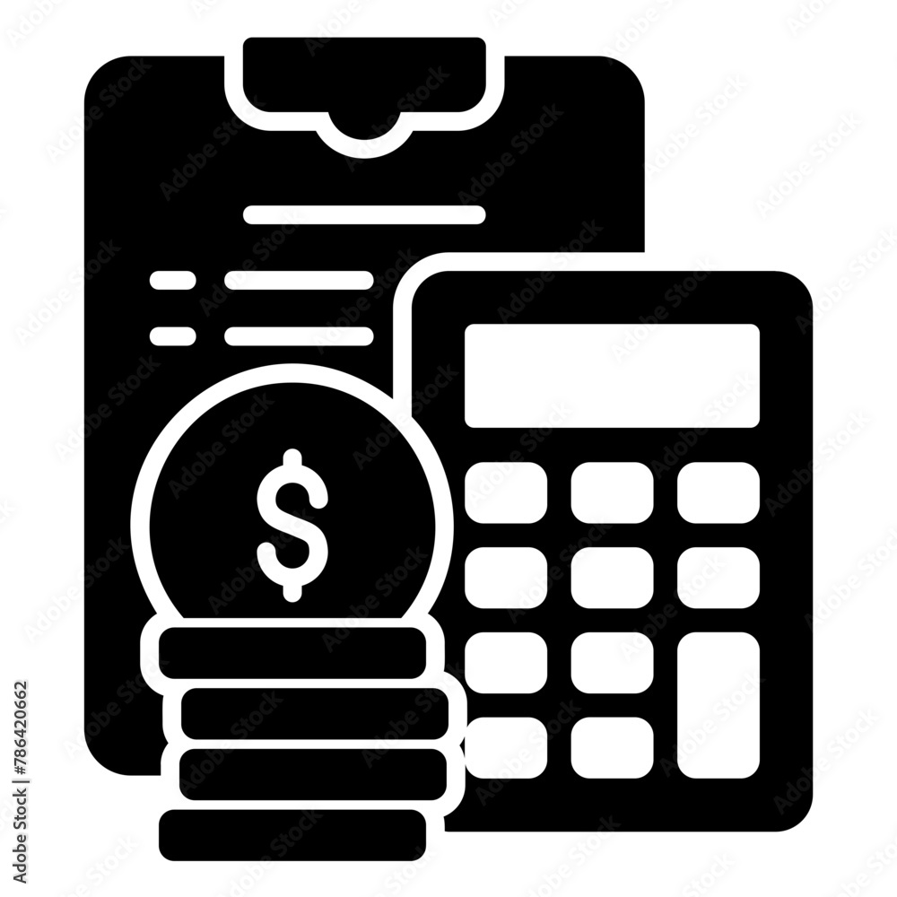 Financial planning icon with documents, calculator and dollar bills Financial planning icon with documents, calculator and dollar bills