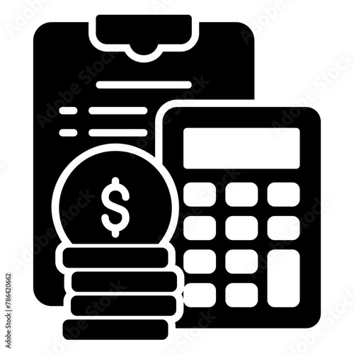 Financial planning icon with documents, calculator and dollar bills photo