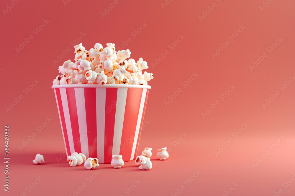 Bucket with delicious popcorn on solid color background, casual entertainment scene illustration