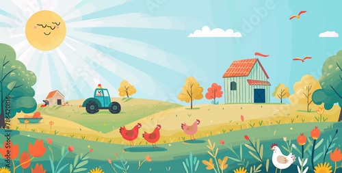 a farm scene with a tractor and chickens
