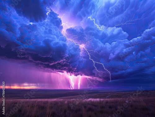 A dramatic thunderstorm brewing over a vast prairie, with dark clouds rolling in and lightning illuminating the sky raw power of nature Intense bursts of lightning streak across the sky, casting photo