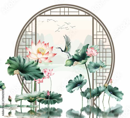 a painting of water lilies and a bird flying over them