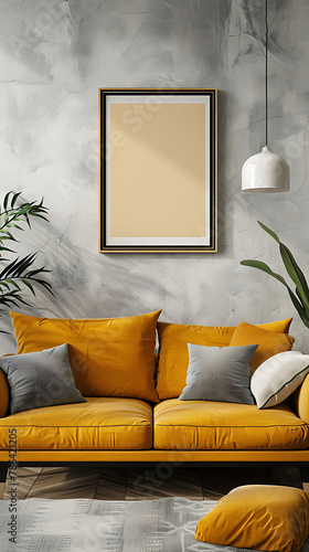 Mockup poster frame above a Modular Sofa in aliving room, modern interior scanidavian style