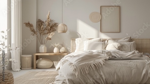 Modern bedroom interior in soft beige tones highlighting comforting details.