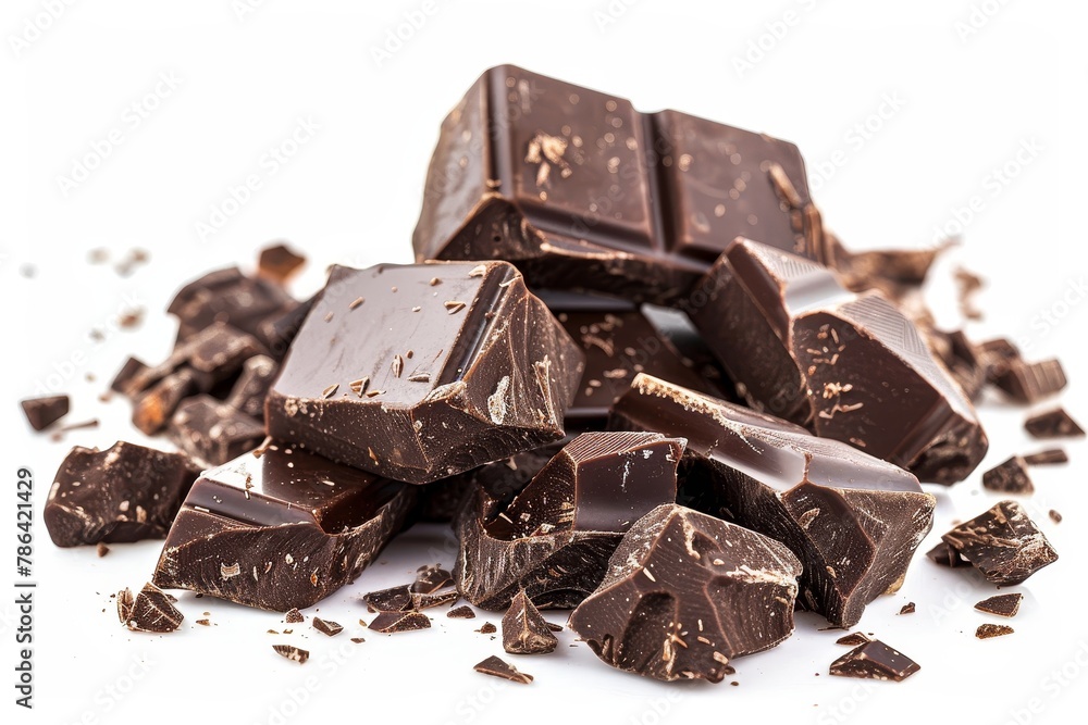 Big pieces of dark chocolate isolated on white background Big pieces of dark chocolate isolated on white background