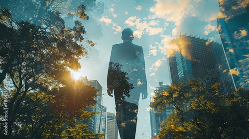 Man wearing suit walking on city street with modern architecture skyscraper buildings double exposure with green summer forest vegetation