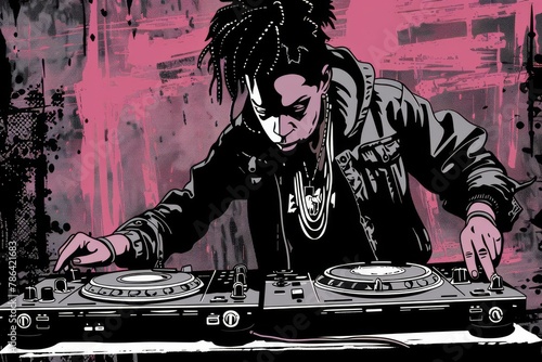 Urban DJ Spinning Decks in Pink Grunge. photo