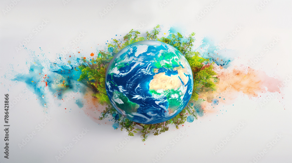 Fototapeta premium Watercolor illustration of planet earth with paint splashes on white background.