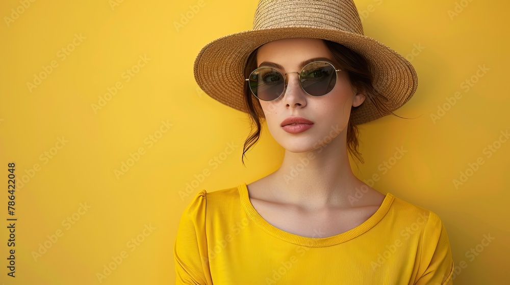 White woman in yellow summer dress wearing hat and glasses, yellow background White woman in yellow summer dress wearing hat and glasses, yellow background
