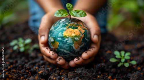 Hands holding green planet earth with a young plant, representing global conservation efforts. Earth Day and eco-friendly concept.