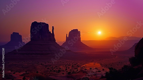 A digital painting of Monument Valley at sunset in a minimalist style.