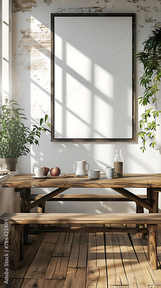 Mockup poster frame above a Picnic Table in aliving room, modern interior scanidavian style