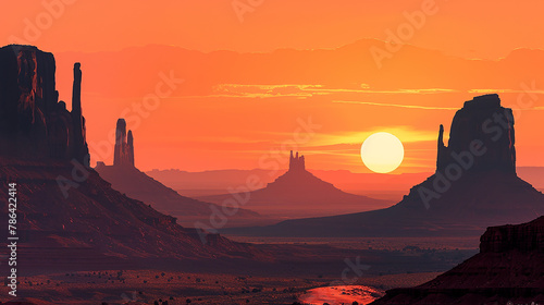 A digital painting of Monument Valley at sunset in a minimalist style.  