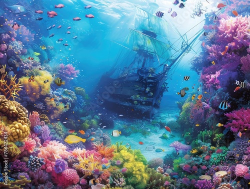 A hauntingly beautiful underwater realm, with vibrant coral reefs, schools of exotic fish, and ancient shipwrecks resting on the ocean floor undersea discovery The mysterious allure of the underwater © Cool Patterns