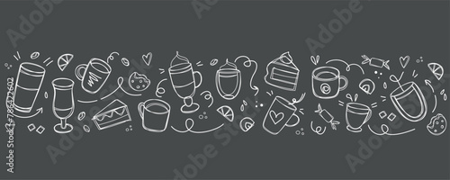 Coffee and desserts in doodle style drawing with chalk on a black board. Sketch of different cups of coffee and cappuccino. Banner, border, background for cafe shop, card, banner etc.