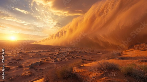 A huge dust storm rolled across the barren landscape. photo