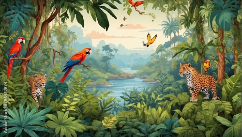 Dense Jungle, colorful illustration. Tropical forest backdrop with dense vegetation, towering ferns, wild animals leopard, macaw, frogs. Jungle wallpaper for kids room, interior design. mural art.