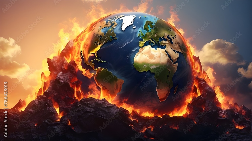 The planet Earth is ablaze. The idea of global warming. three-dimensional rendering