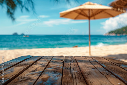 Tropical Beach Escape  Wooden Table View with Parasol and Ocean