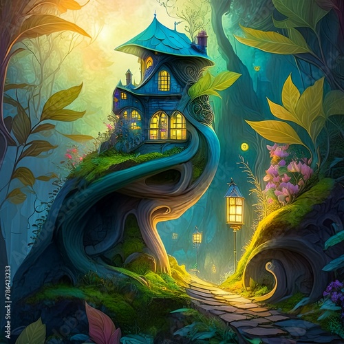 bajkowe ilustracje domy złoto szklane kule góry fantazja sny