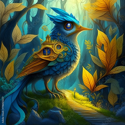 kolorowy bajkowy ptak szkło złoto kolor ilustracja