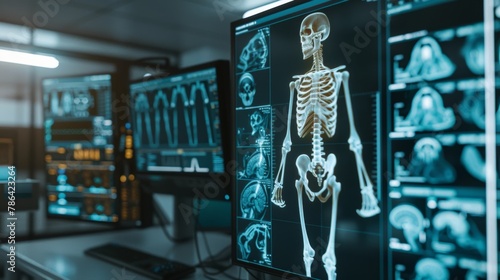 digital x-ray human body holographic scan projection,DXA bone density scan on a monitor in a woman to prevent osteoporosis. photo