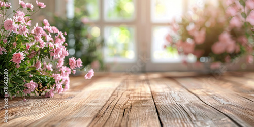 Sunny Conservatory with Blooming Pink Flowers and Wooden Floors