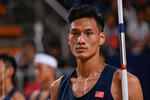 Serious male pole vaulter prepares for his jump at a track and field competition, concentration evident.