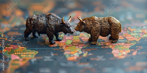 Whimsical stock market graph with tiny, cheering anthropomorphic bull and bear characters