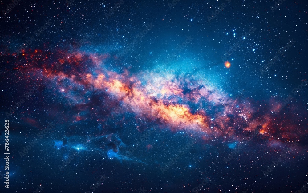 Naklejka premium An enchanting illustration of the night sky filled with shimmering stars, a distant galaxy, and a colorful nebula, set against a deep cosmic backdrop of black and blue tones