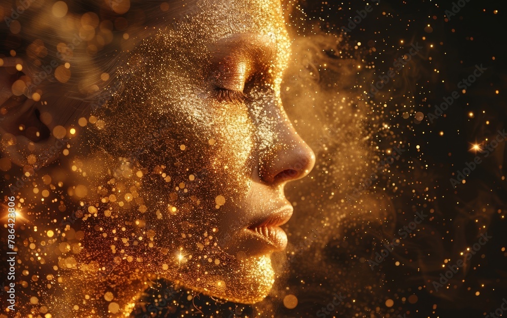 The radiant glow of golden face powder pops against the deep, rich backdrop, creating a sophisticated and eye-catching look. The radiant glow of golden face powder pops against the deep, rich backdrop, creating a sophisticated and eye-catching look.