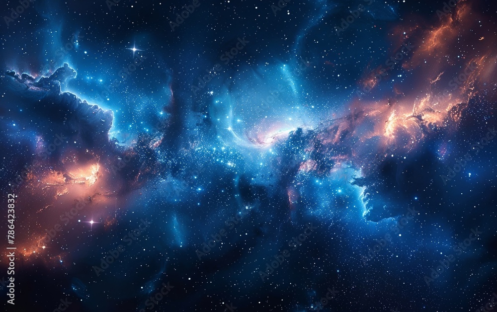 An enchanting illustration of the night sky filled with shimmering stars, a distant galaxy, and a colorful nebula, set against a deep cosmic backdrop of black and blue tones An enchanting illustration of the night sky filled with shimmering stars, a distant galaxy, and a colorful nebula, set against a deep cosmic backdrop of black and blue tones